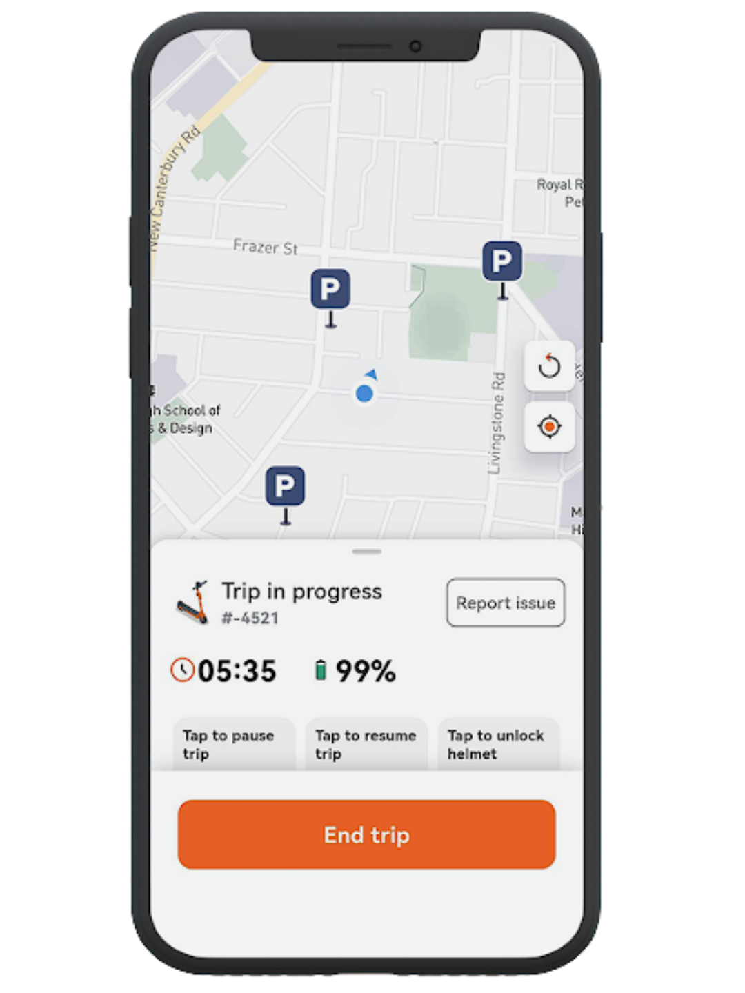 Die Rider-App während der Fahrt: Timer, Akkustand, Pause und Fortsetzen sowie Fahrt beenden