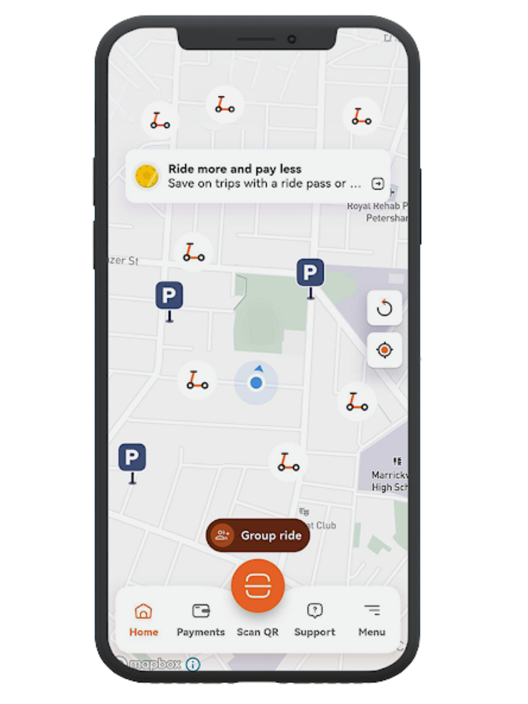 The rider app: live vehicle map with parking bays, QR unlock and ride passes